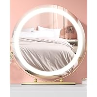 IDEALHOUSE 2024 New 19 Inch Vanity Mirror with Led Lights, Touch Control 3 Color Lighting Dimmable Makeup Mirror, 360° Rotation for Bedroom Tabletop, Round Desk Mirror, Easy to Install (Gold)