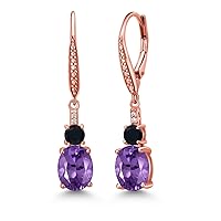 Gem Stone King 18K Rose Gold Plated Silver Purple Amethyst and Black Onyx Dangle Earrings for Women with Lab Grown Diamond (3.67 Cttw, Oval 9X7MM)