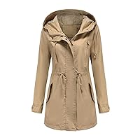 Women's Long Rain Coat Zipper Button Down Trench Coat 2023 Fall Drawstring Waist-Defined Hooded Waterproof Jackets