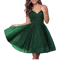 Glitter Tulle V-Neck Homecoming Dresses Teens Short Sparkly Spaghetti Straps Prom Party Gown
