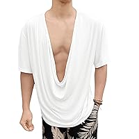 WDIRARA Men's Deep V Drop Shoulder Short Sleeve T-Shirts Draped Front Loose Cocktail Party Tee Tops