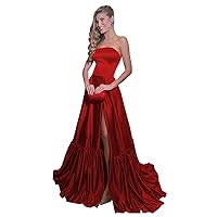 Women's Long Strapless Satin Prom Dress Sleeveless A Line Evening Ball Gown with Slit