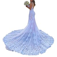 Women's Spaghetti Strap Bridal Ball Gowns Train Long Lace Mermaid Wedding Dresses for Bride 2022