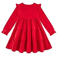 Vieille Toddler Girls Cotton Dress Long Sleeve Ruffle Dress Kids Solid Casual Clothes for 2-8 Years