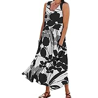 Women's Summer Casual Tank Dress Sleeveless Cotton Linen Long Maxi Dress with Pockets