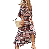 Women's Boho Floral Printed Maxi Dress Puff Sleeve V Neck Tiered Flowy Dresses Small