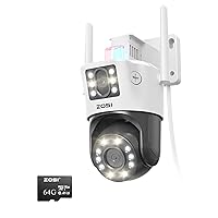 ZOSI C298 2.5K 4MP Dual-Lens Wired WiFi PT Security Camera Outdoor, Ultra-Wide Angle, Plug-in 360 Camera, 8X Hybrid Zoom, Person/Vehicle Detect, Spotlight Siren, Color Night Vision (64GB SD Card)