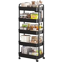 5-Tier Utility Cart with Lockable Wheels - Multipurpose Storage and Craft Organizer Cart for Bathroom, Laundry, Kitchen - Book, Art, Makeup, Diaper Cart in Black