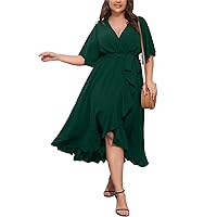 Women Plus Size Semi Formal Dresses Wrap V Neck Ruffle Split Emerald Green Party Maxi Dress 4XL