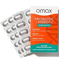 Omax Prebiotic & Probiotic 50 Billion CFU + Chicory Inulin, 10 Strains, Reduce Bloating, Digestion, SIBO, Leaky Gut, Vaginal pH, Acidophilus, Vegan, Dairy Free, Gluten Free, Blister Packaged