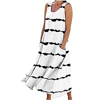 Cotton Linen Midi Dresses for Women Dressy Casual Crewneck Sleeveless Printed Tank Dress Loose Flowy Beach Vacation Dress