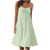 Sun Dresses for Women 2024 Summer Eyelet Dress Casual Spaghetti Strap Sleeveless Flowy Tiered Mini Dress Beach Sundress