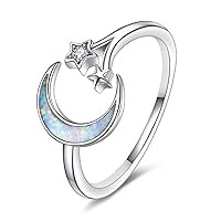 Moon Star Ring for Women 925 Sterling Silver Opal Crescent Adjustable Open Ring Celestial Jewelry for Girls