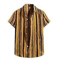 Men's Striped Shirt for Men Fasion Cotton Linen Short Sleeve Loose Buttons Hawaiian Casual Shirt Blouse
