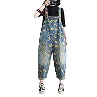Flygo Womens Overalls Loose Floral Printed Distressed Denim Jeans Cropped Harem Pant Baggy Jumpsuits with Pockets(Style05Blue-L)