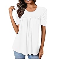 Summer Tops for Women Fashion Puff Short Sleeve Round Neck Blouses Dressy Casual Loose Fit Pleated Flowy Tunics Shirts