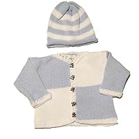 Knitted Blue Cotton White Chenille Trim Cardigan Hat Set for Ages 0-6mo