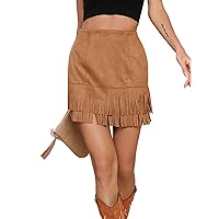 WDIRARA Women's High Waist Faux Suede Fringe Trim Swing Party Skirt Bodycon Mini Skirt