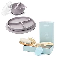4 Piece Wooden Baby Hair Brush and Comb Set & Suction Toddler Plates & Bowls Complete Set w/Spoon- BPA Free 100% Food Grade Silicone