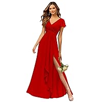 Red Plus Size Bridesmaid Dress with Sleeves Pleated Chiffon V-Neck Split Wedding Guest Gown Size 16W