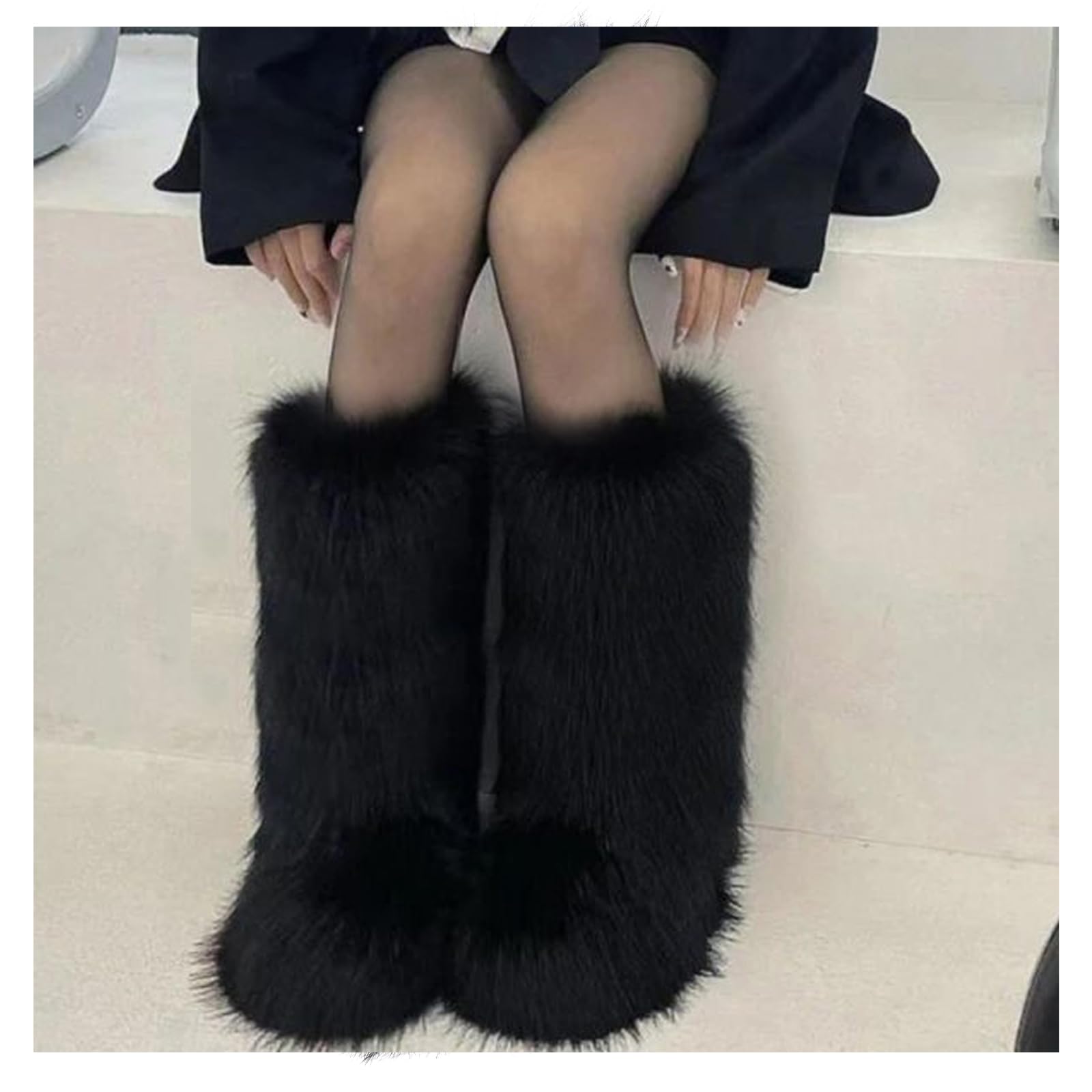 IXU Women's Faux Fur Boot Furry Fluffy Round Toe Suede Winter Comfy Plush Warm Short Outdoor Indoor Flat Shoes Knee-High Boots