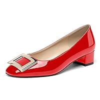 WAYDERNS Women's Slip On Square Toe Metal Buckle Patent Chunky Low Heel Pumps Shoes 1.5 Inch