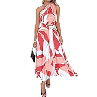 BTFBM Women's Sleeveless One Shoulder Dress Resort Outfits Casual Summer Maxi Sundress Print Belted Long Flowy Dresses
