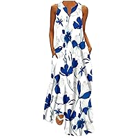 Women V Neck Sleeveless Loose Floral Print Casual Long Maxi Dresses 2024 Summer Dress Swing Sundress with Pockets