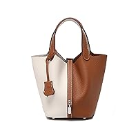 Women Genuine Leather Small Bucket Bag Fashion Patchwork Color Block Handbags Ladies Daily Casual Silver Lock Satchel