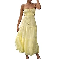 Sunloudy Women Spaghetti Strap Low Cut Dress Sleeveless Cutout Backless Long Dress Boho Flowy Maxi Dress