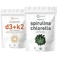 Micro Ingredients Organic Chlorella Spirulina 3000mg Tablets & Vitamin D3 5000iu + K2 100mcg Bundle 2 Pack | Cracked Cell Wall, Rich in Vegan Protein & Chlorophyll | Essential Sunshine Vitamins