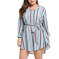 Plus Size Stripe Dress for Women Long Beach Sundrss Maxi Dress with Belt Loose Casual Retro Fashion (4XL, Blue)
