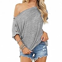 Women's Off-Shoulder Top Buttoned Casual Loose Short-Sleeved Shirt Top