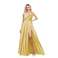 Spaghetti Straps Satin Bridesmaid Dresses Long High Slit Cowl Neck A Line Formal Evening Party Gowns with Pockets