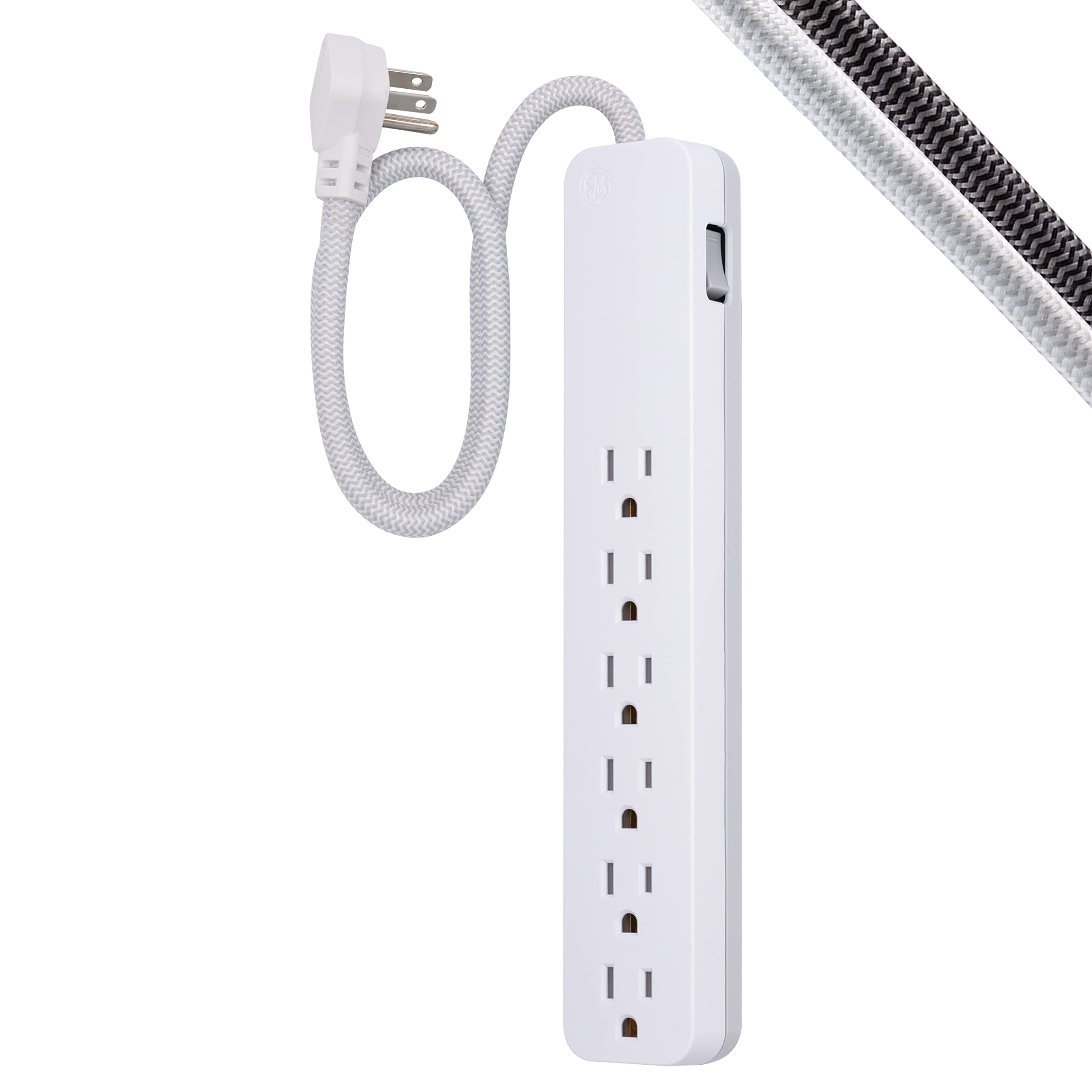 GE UltraPro 6-Outlet Surge Protector, 2 Ft Designer Braided Extension Cord, 560 Joules, Flat Plug, Wall Mount, UL Listed, White, 45264