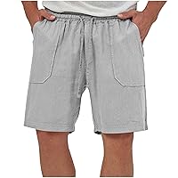 Mens Summer Cotton Linen Shorts Casual Lightweight Elastic Waist Boardshorts Front Pockets Plain Chino Pants Beachwear