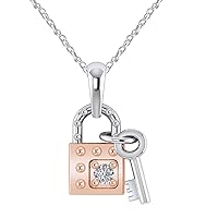 Pretty Jewels Two Tone Over 925 Sterling Silver Round Real Solitaire Diamond Lock Key Pendant 0.05ct Necklace (I1-I2)