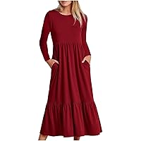 Fall Dresses for Women Long Sleeve Crew Neck Pleated Dress Casual Loose Ruffle Tiered Swing Dresses Wedding Guest Dresses