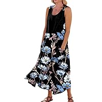 Linen Dresses for Women 2024 Italy Vintage Dress for Women Fashion Print Casual Loose Flowy Beach Dresses Sleeveless U Neck Linen Dress with Pockets Light Blue X-Large