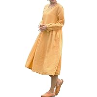 Women's Casual Loose Spring/Summer Soft Long Sleeves Midi Cotton Linen Dresses