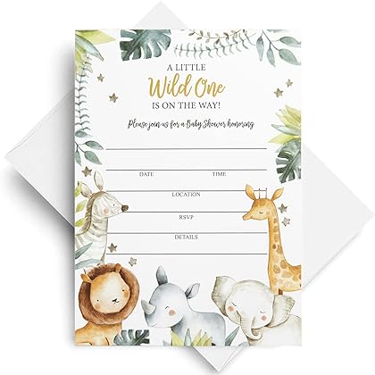 25 Safari Jungle Baby Shower Invitations (LARGE SIZE 5X7 INCHES), Diaper Raffle Tickets, Baby Shower Book Request Cards with Envelopes Greenery Jungle Animal Invites for Boy Baby Showers
