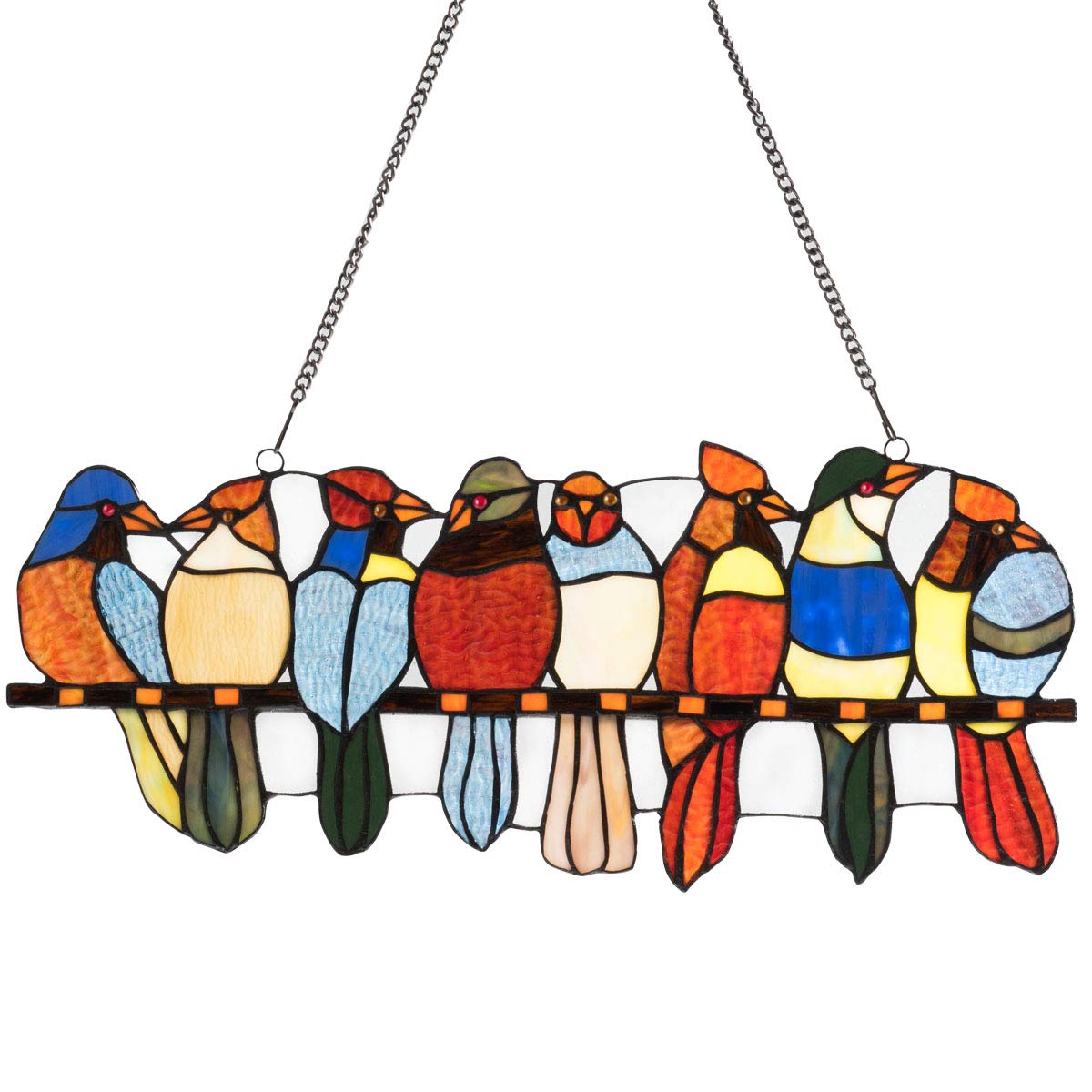 Tangkula Tiffany Style Glass Window Panel 8 Birds, Stained Glass Window Hangings Panel, 8 Birds on a Wire, Tiffany Style Parrots Hinging Treatment,...