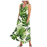 Sun Dress for Women Casual Linen Dress Sleeveless Printed Flowy Boho Maxi Dress with Pockets Beach Sexy U Neck Dress