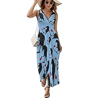 Blackbird with Heart Crow Women's Dress V Neck Sleeveless Dress Summer Casual Sundress Loose Maxi Dresses for Beach