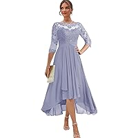 High Low Mother of The Bride Dresses for Wedding Tea Length Formal Dress with Sleeves Lace Evening Gowns
