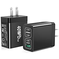 2Pack USB C Charger Block 40W Fast Charging PD+QC Power Adapter 4-Port USB Wall Charger Multiport Type C Wall Plug Work for iPhone 15 14 13 12 11 Pro Max XS XR X 8 7 6 SE, iPad, Pixel (Black)