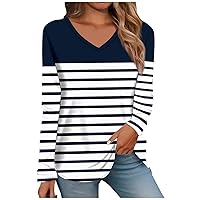 Travel Graphic Shirt Ladies Plus Size V-Neck Polyester Long-Sleeved Shirt Stripe Super Soft Fashion Shirts Women's Black