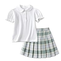 Betusline Girls 2 Pieces Skirt Set Short Sleeve Polo Neck Button Front Tee Top and Pleated Skirt Outfits, 6-14 Years