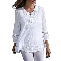 Womens 3/4 Sleeve Tops Elegant Crew Neck T-Shirts Vintage Lace Patchwork Tees Casual Loose Flowy Plus Size Blouses