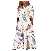 Summer Dress with Pockets Casual Dress Short Sleeve Floral Print Maxi Dresses Button Party Sundress Outfits, S-3XL